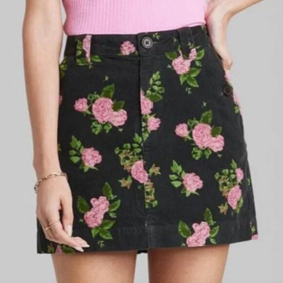 Wild Fable Black Floral High-Rise Cord Mini Skirt - 12 NWT - Picture 2 of 14
